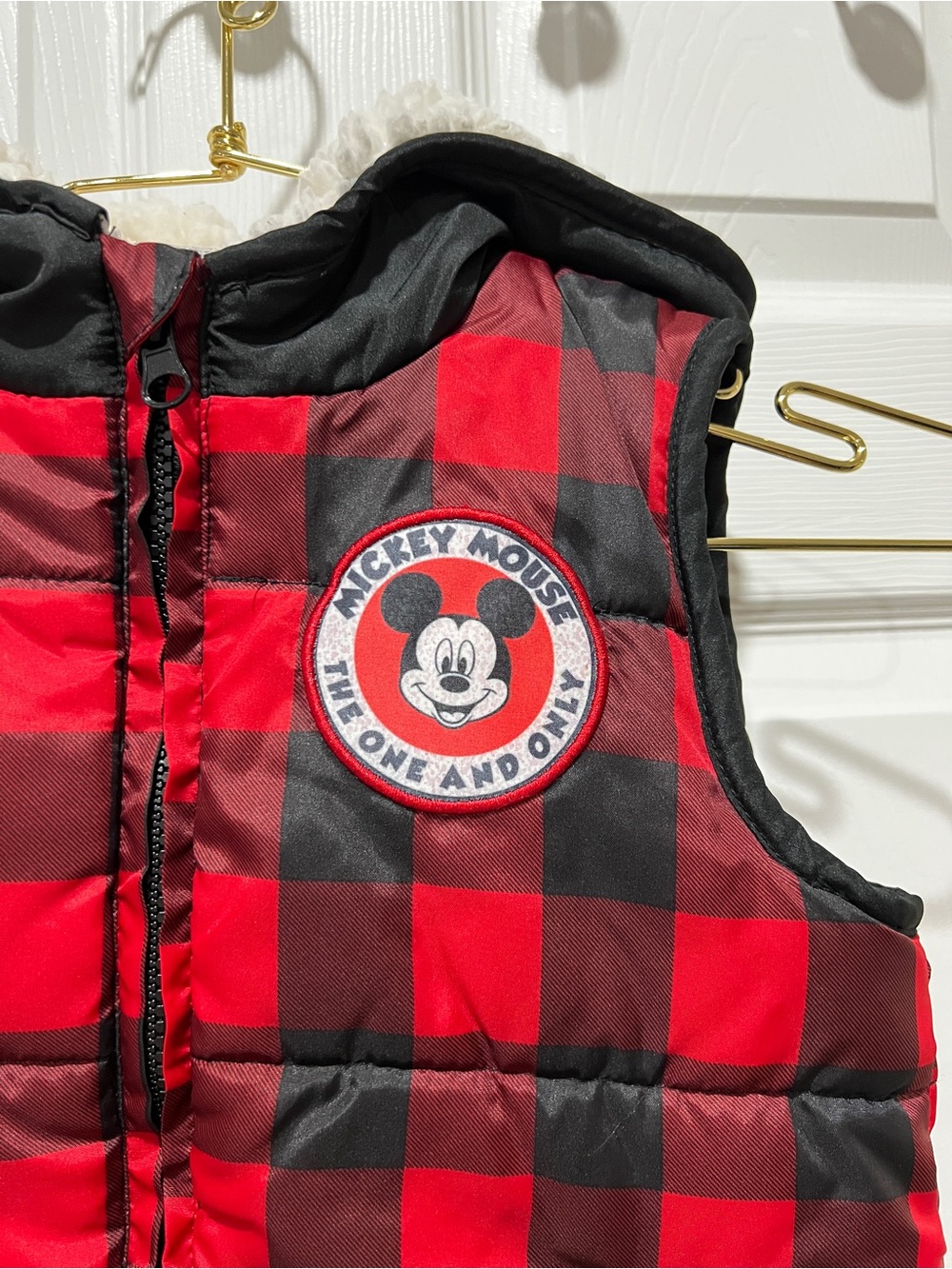 Disney Junior Mickey Hooded Plaid Puffer Vest Jacket Size 4 Toddler Kids - Picture 6 of 9
